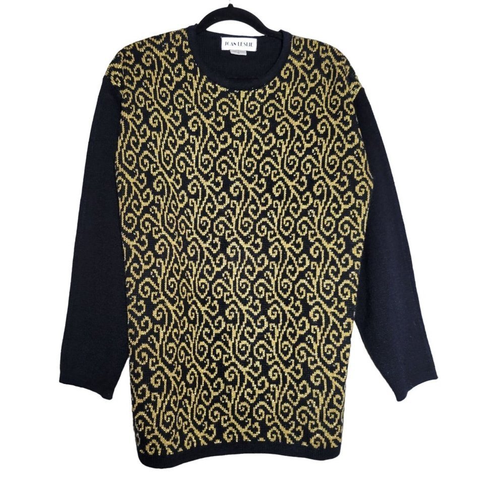 Vintage Women's Joan Leslie Metallic Oversized Sweater Black Gold sz M‎